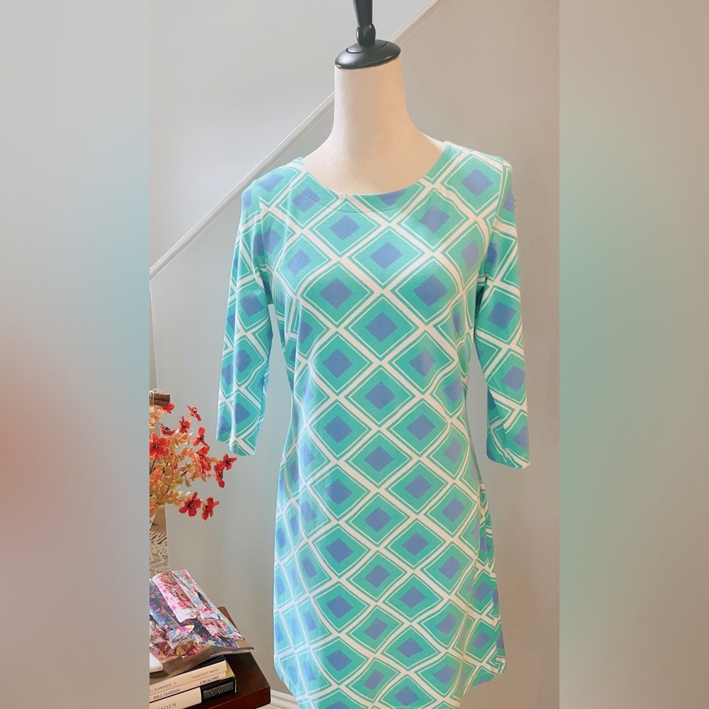 MAHI Gold Dress “Bimini” Beach Preppy Coastal Diamonds 3/4 Sleeve MEDIUM